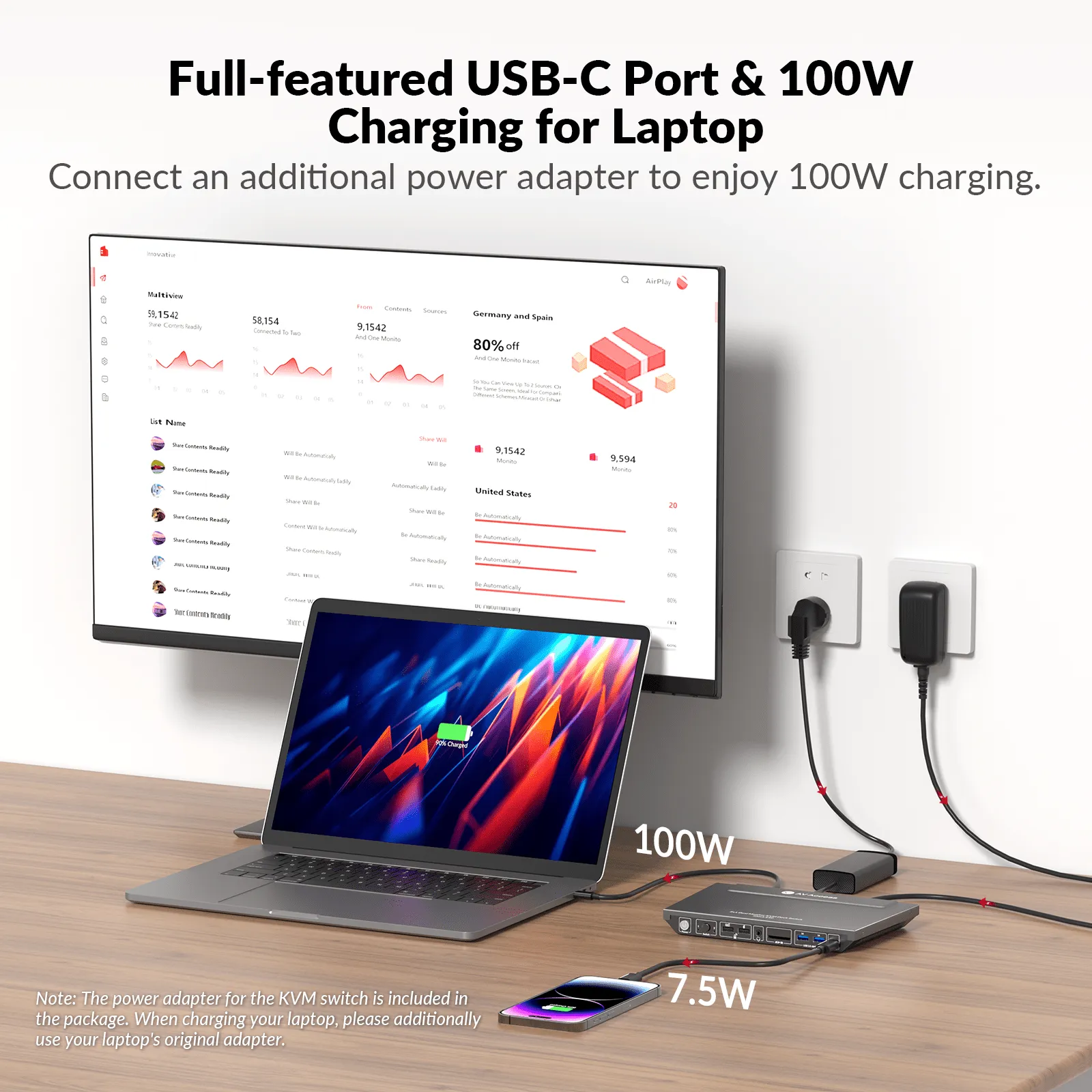 USB-C KVM Switch Docking Station for 2 PCs & 2 Monitors, 100W PD for Laptop, EDID Emulation, High Refresh Rates for Home Office & Gaming KD-E10 - Image 5